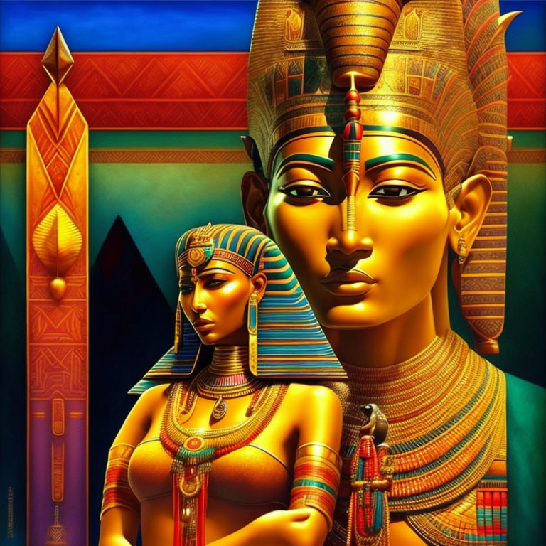 Vibrant Egyptian pharaoh and queen with hieroglyphics, ankh, and pyramids