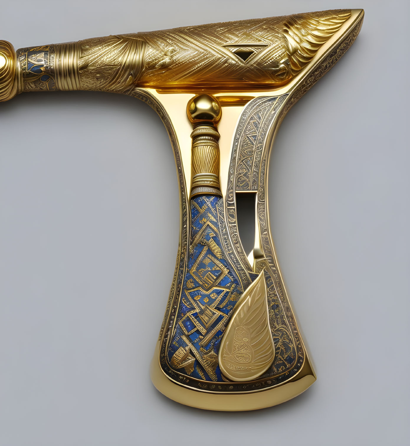 Detailed ornamental dagger with gold hilt and blue inlays on blade.