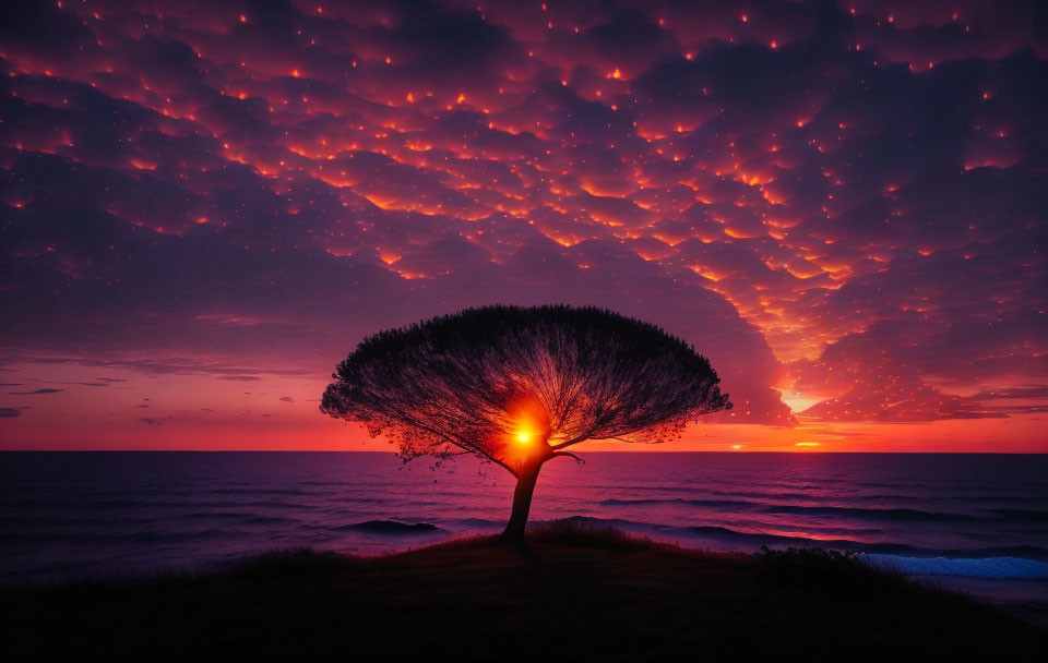 Solitary tree against vibrant sunset and textured clouds over tranquil sea