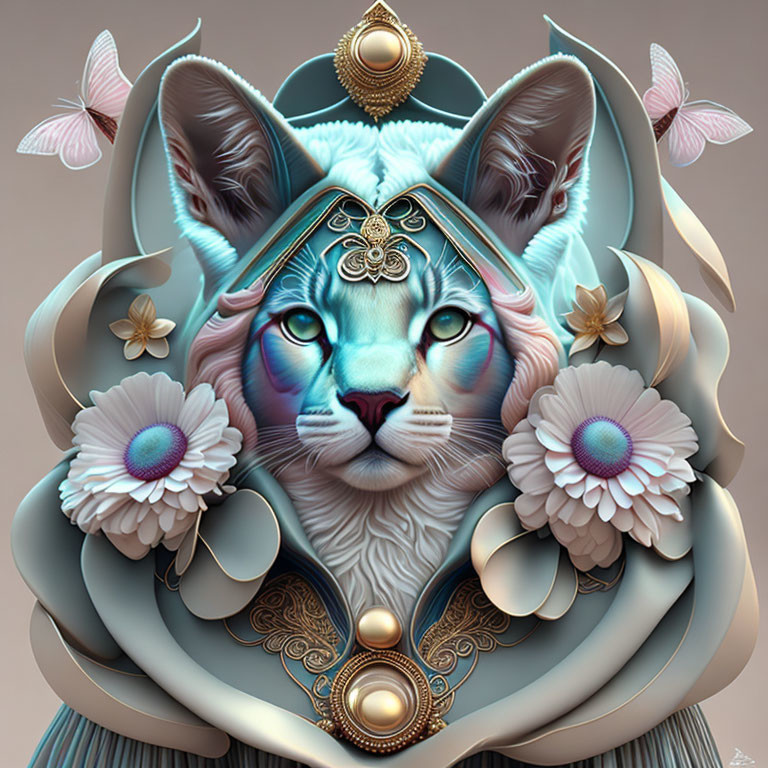 Stylized cat with third eye among flowers, butterflies, and jewelry