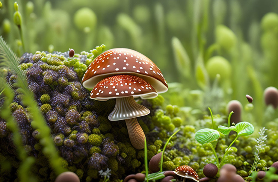 Red-Spotted Mushrooms in Green Moss with Spherical Plant Background