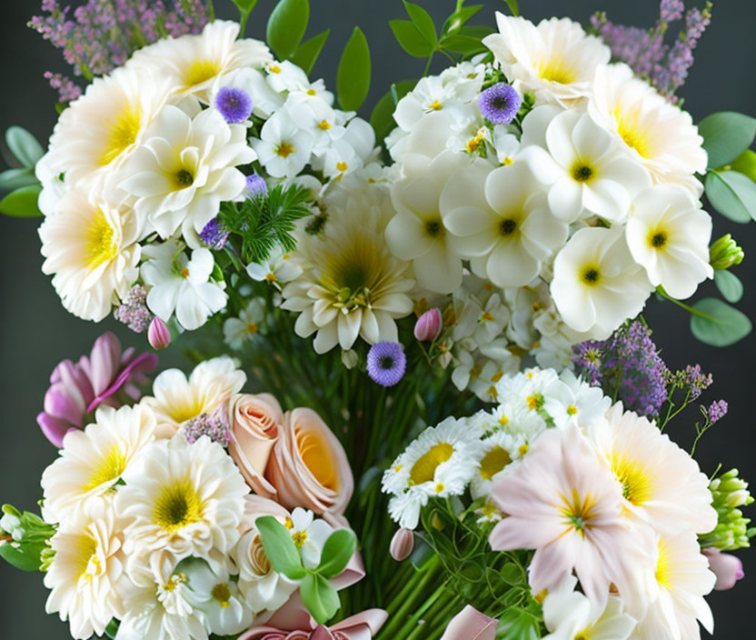 Colorful bouquet with white and yellow chrysanthemums, purple asters, pink roses,