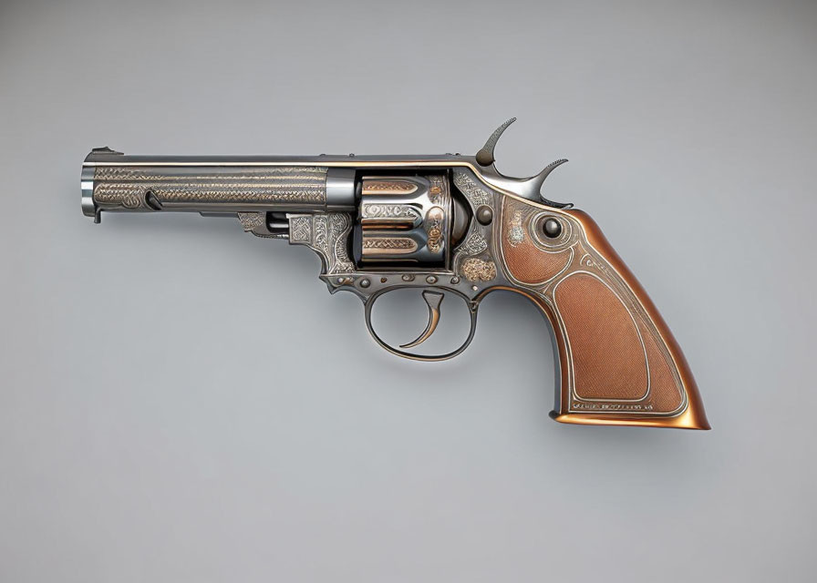 Engraved wooden handle revolver with golden accents on gray background