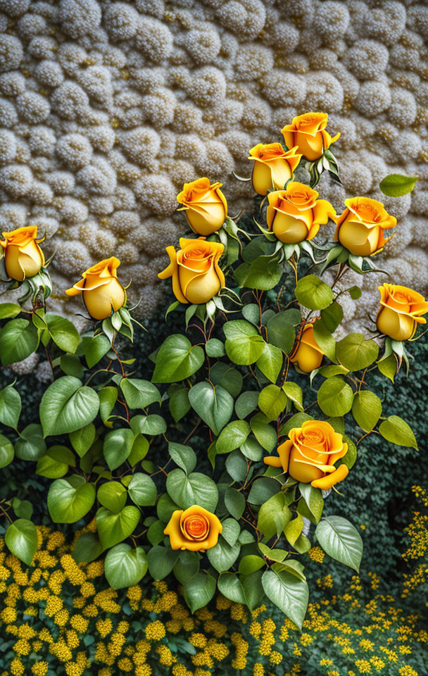 Yellow Roses and Green Leaves on Textured Beige Background