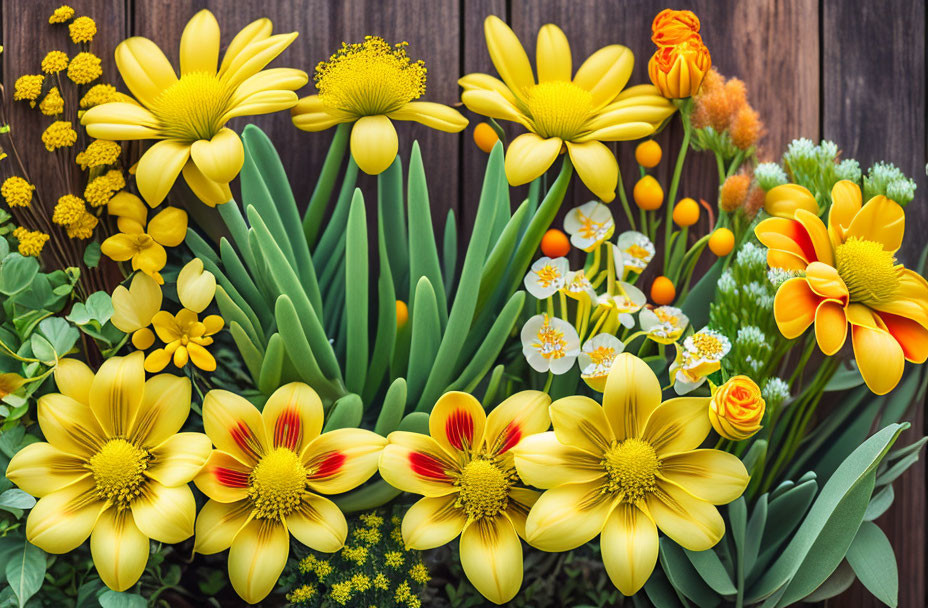 Bright yellow and orange floral arrangement on wooden background