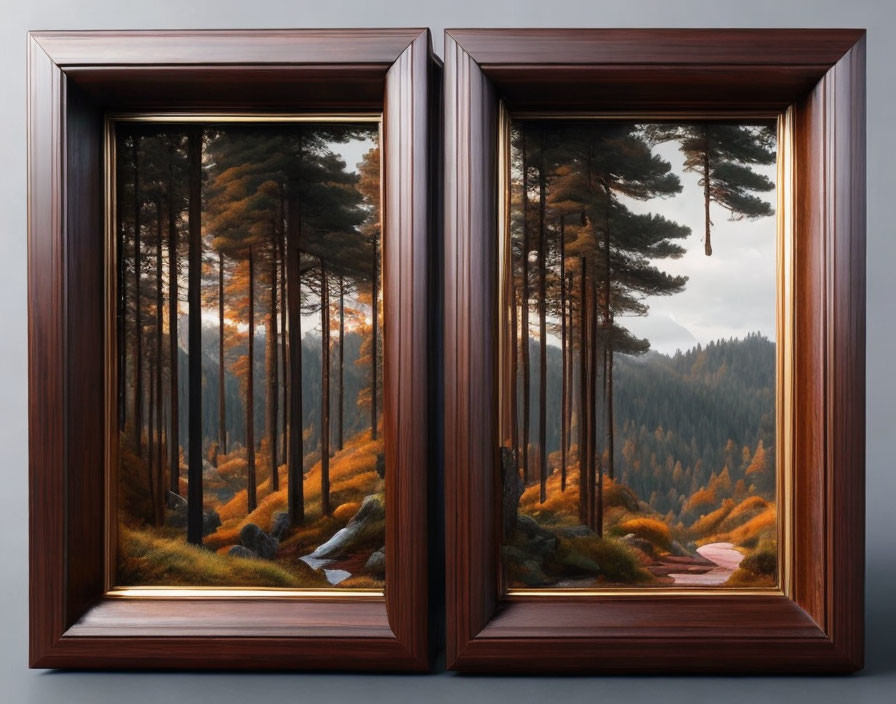 Framed pictures of serene forest with open door illusion