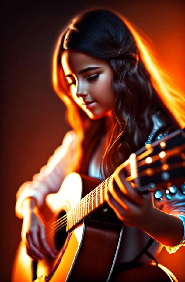 Woman playing acoustic guitar in warm dramatic lighting