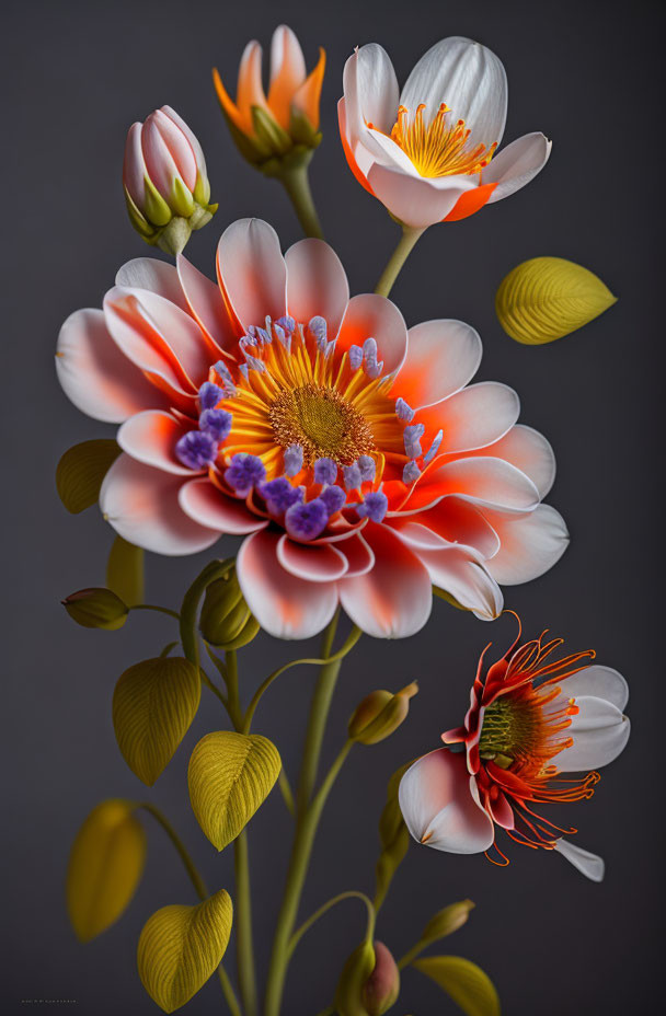 Vertical Image of Blooming White and Orange Flowers on Gray Background