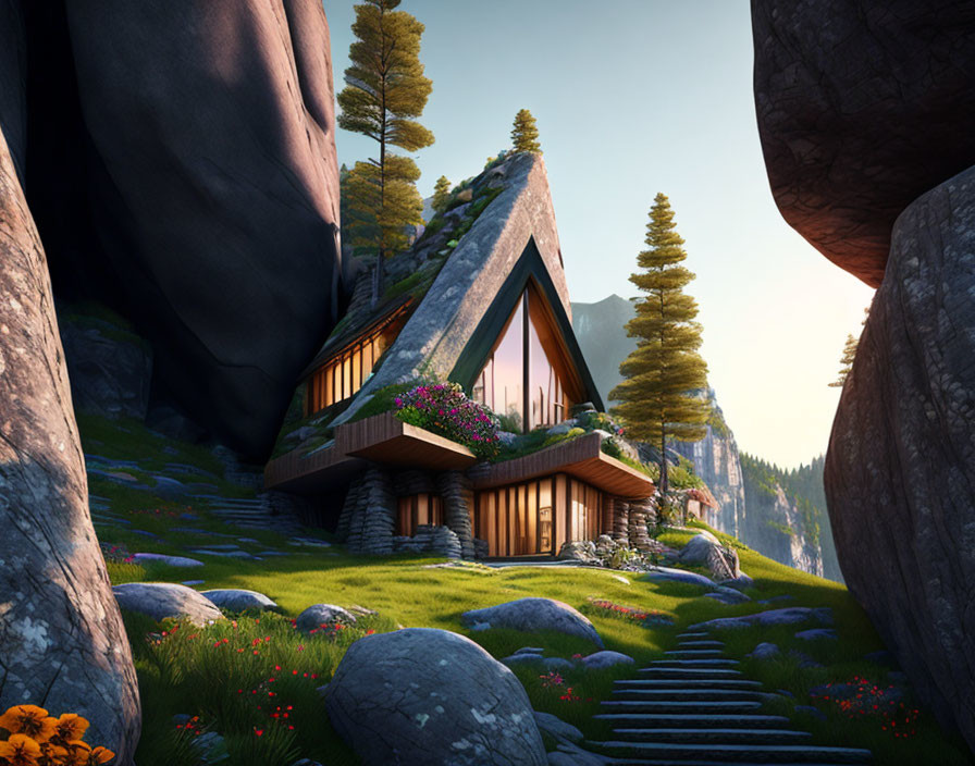 Modern A-Frame Cabin Surrounded by Boulders and Nature