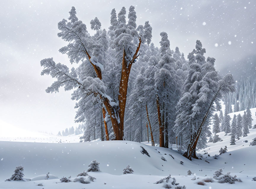 Snow-covered pine trees in serene winter landscape with falling snowflakes