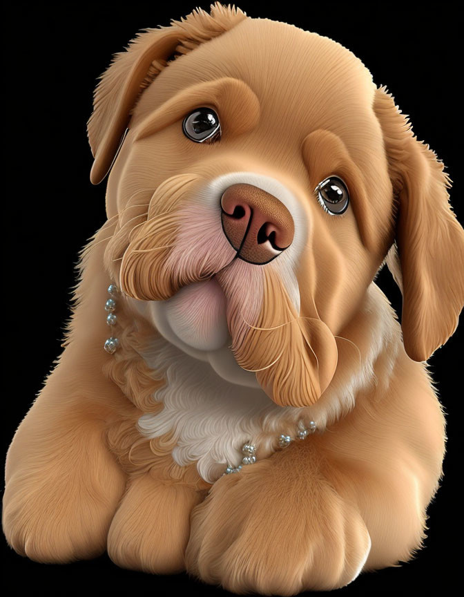 Brown puppy with pearl necklace on black background