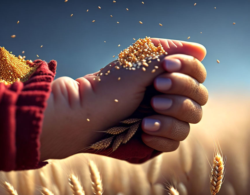 Dark Nail Polish Hand Holding Golden Grains in Wheat Field