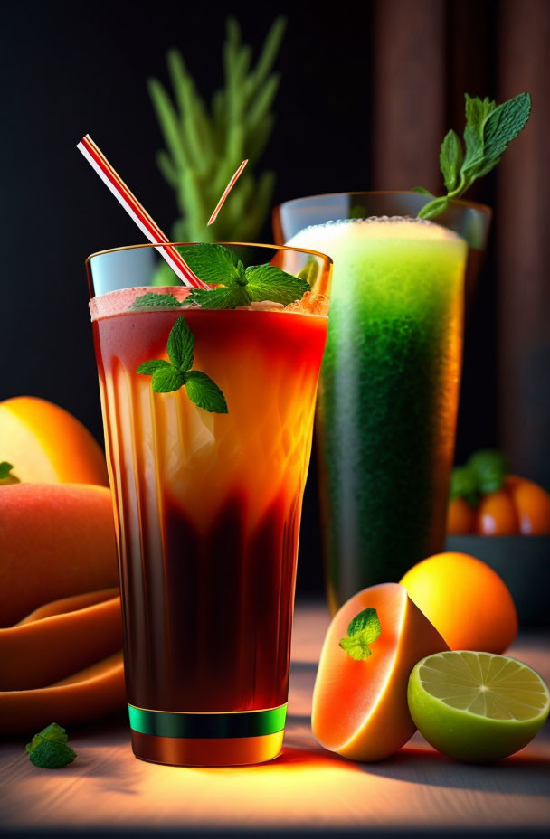 Fresh Orange and Green Juice Glasses with Citrus Fruits on Wooden Surface