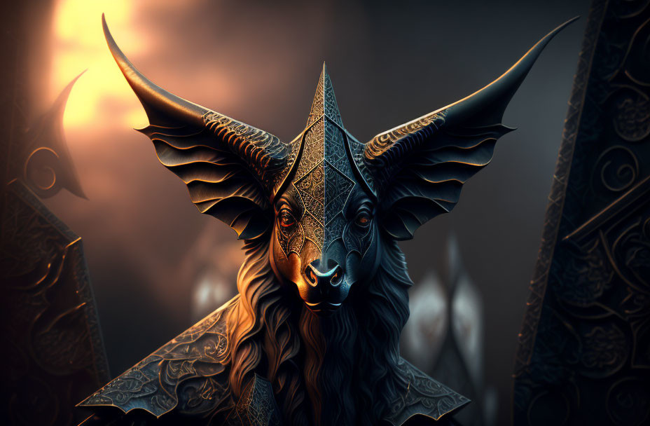 Mythical creature with goat's head and large horns in eerie glow