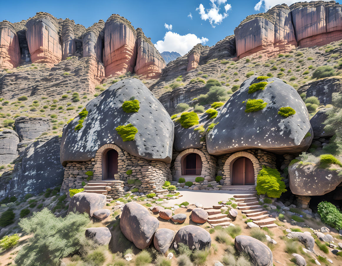 Stone House with Boulder-shaped Structures in Desert Landscape