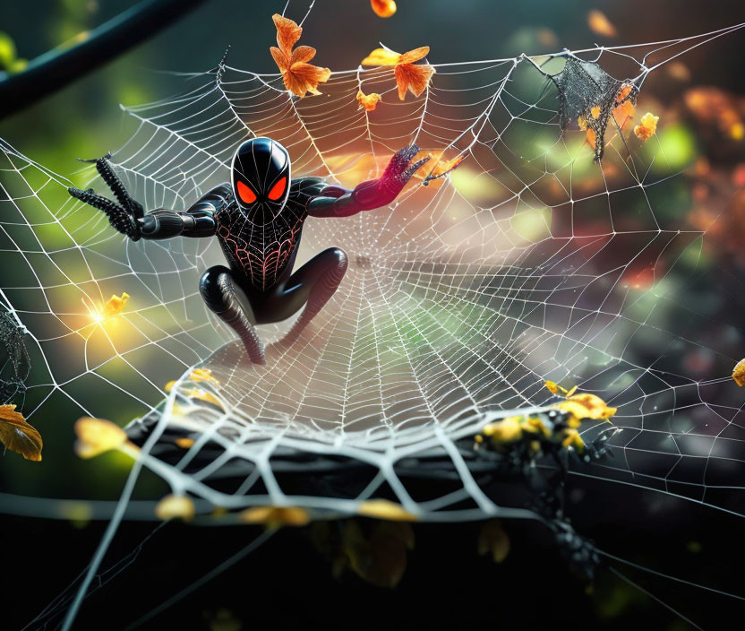 Black-suited character with spider motif on vibrant floral web.