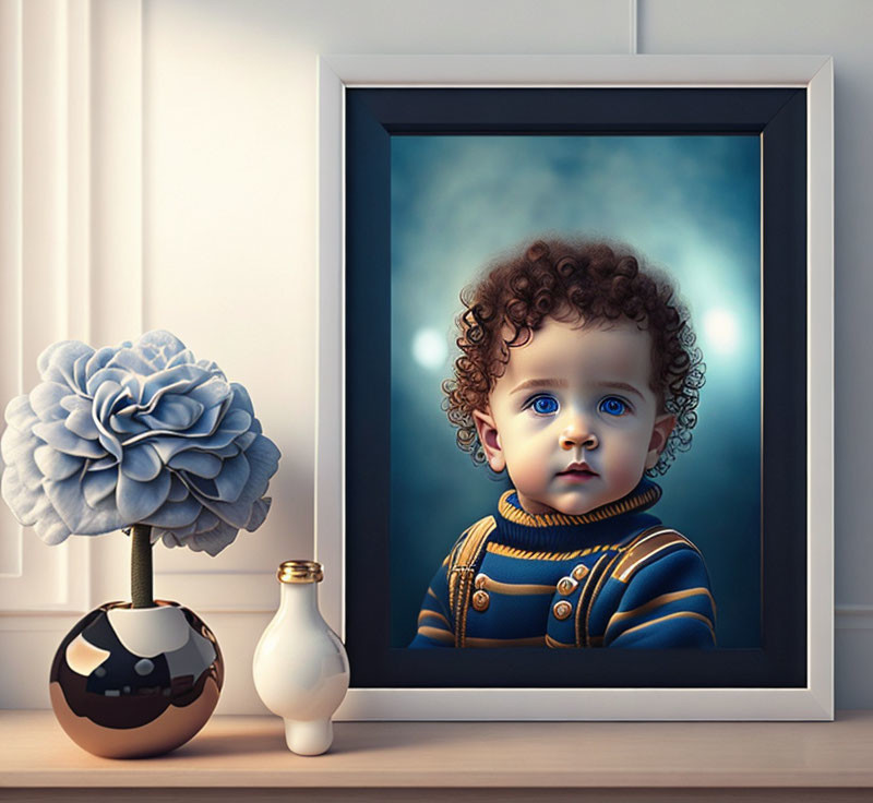 Child with Curly Hair and Blue Eyes Beside Blue Flower in Vase