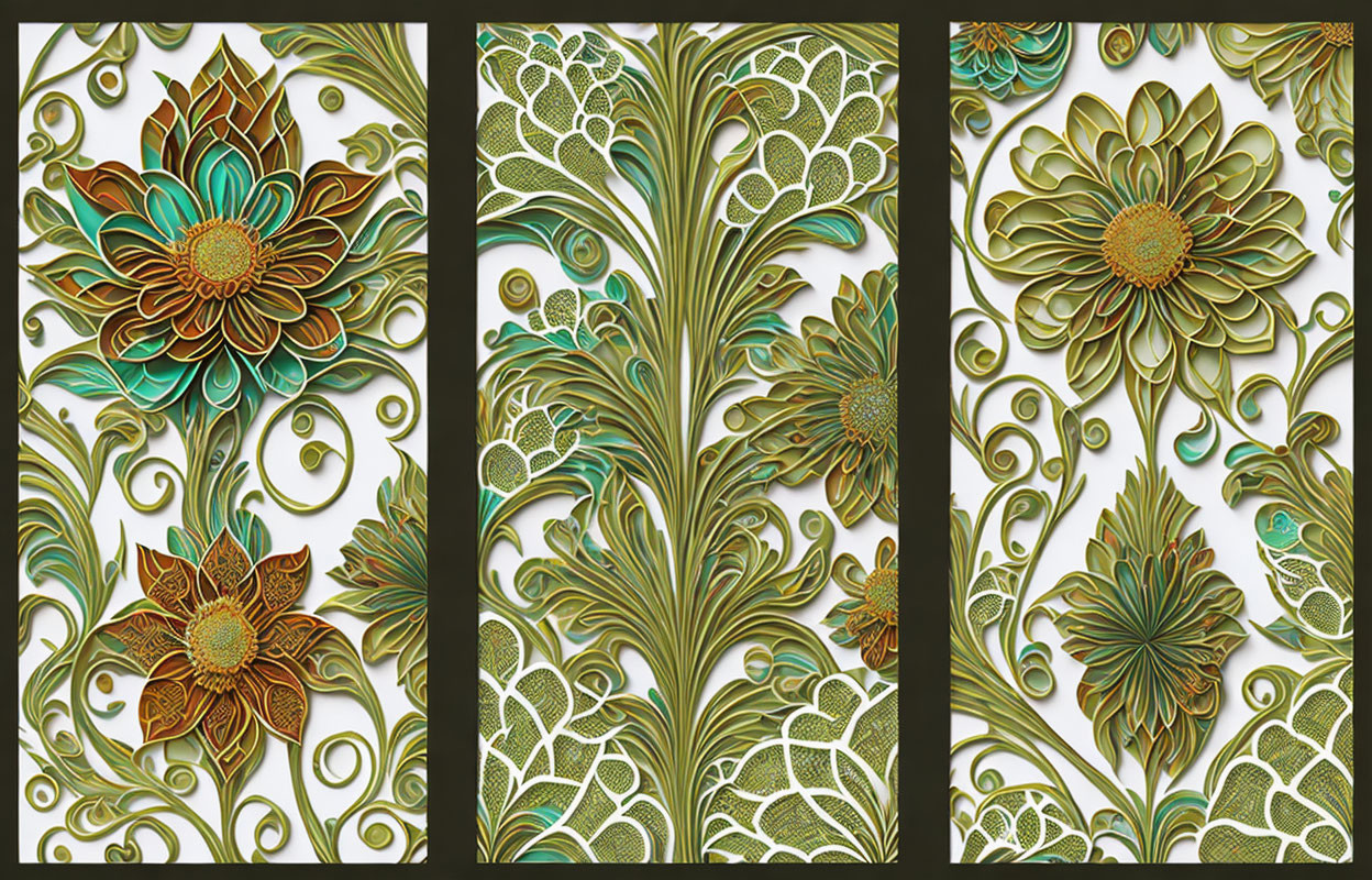 Ornate gold-accented floral triptych with Art Nouveau patterns