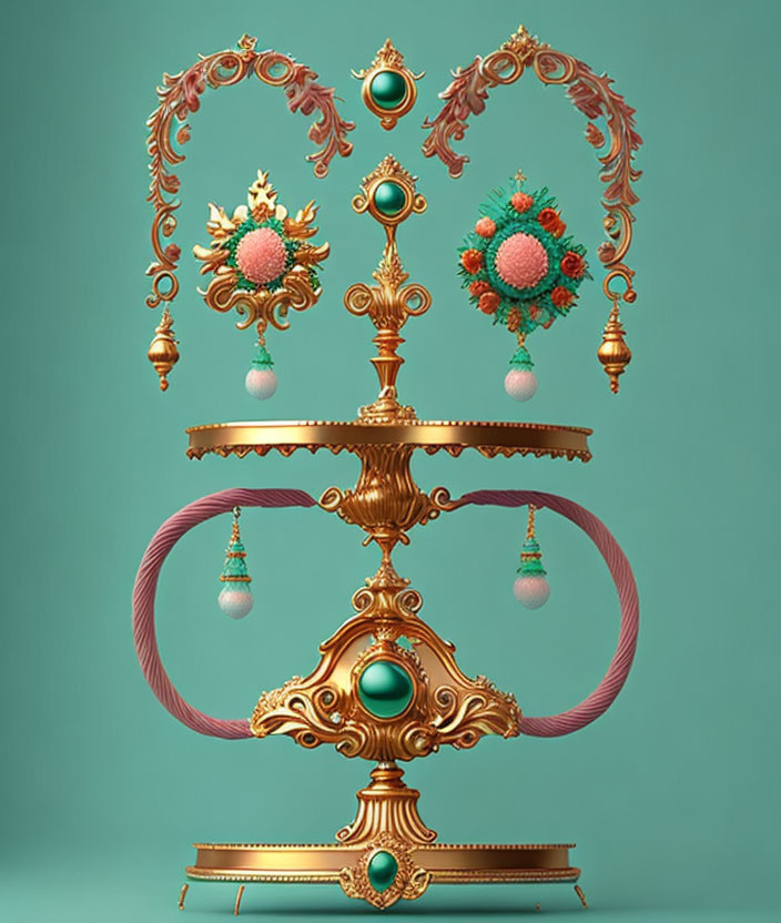 Golden Baroque Scale with Pearls on Teal Background