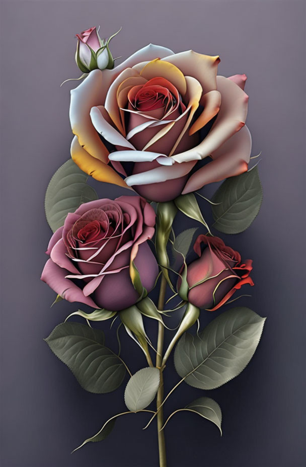 Vibrant digital illustration of five gradient roses on purple background