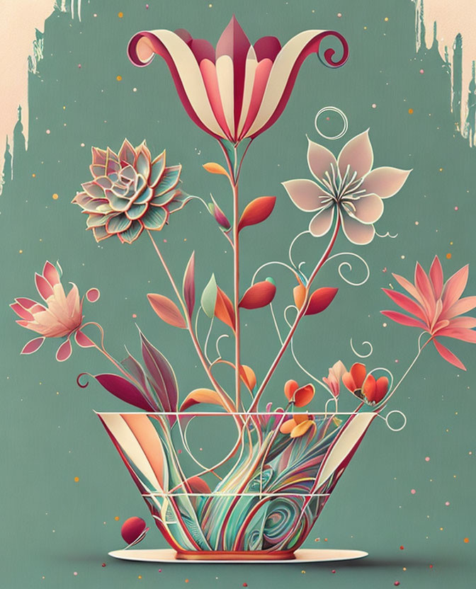 Colorful Stylized Flower Bouquet in Teacup Illustration on Teal Background