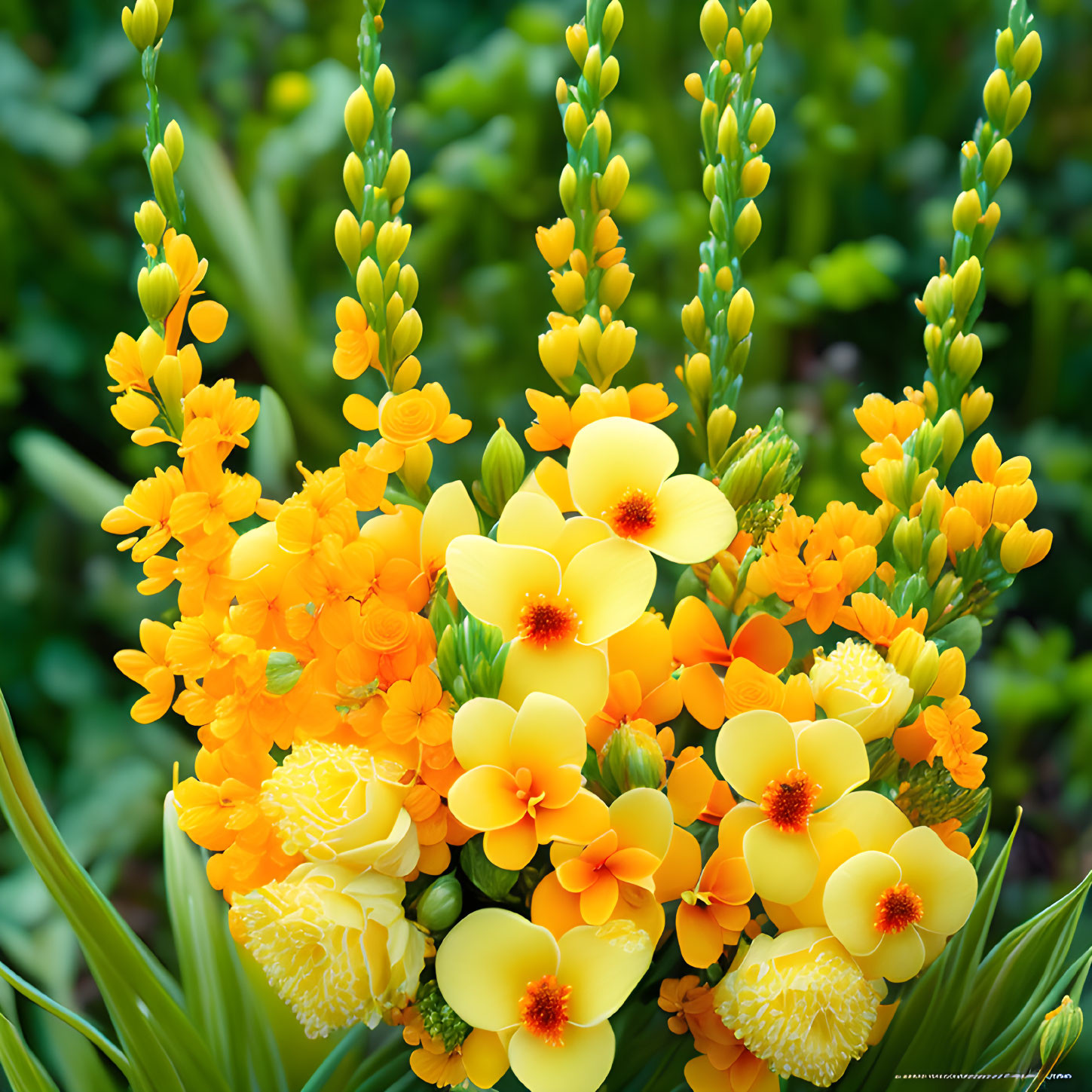 Yellow Flowers Bouquet with Orange Centers on Green Foliage