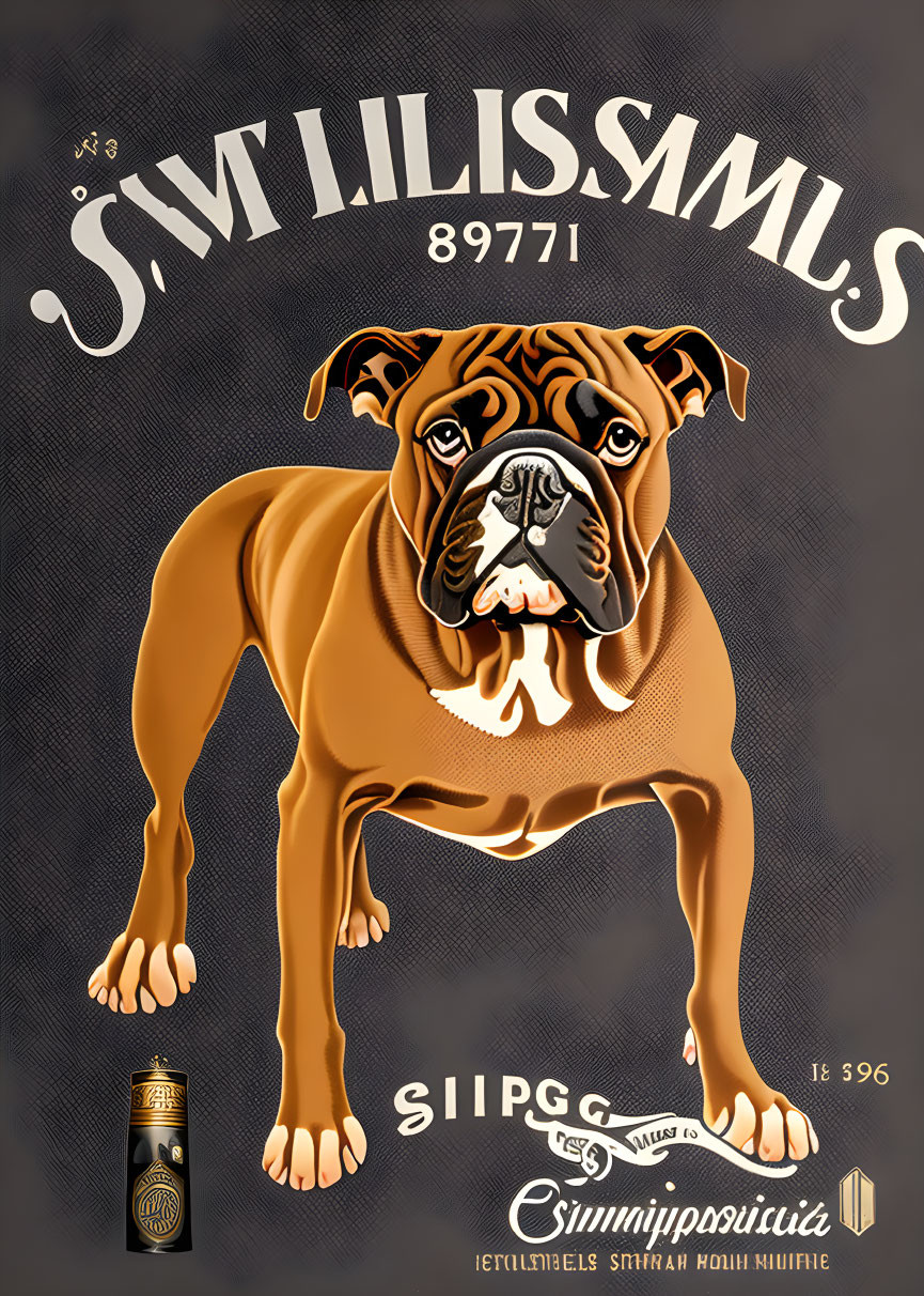 Brown Bulldog Illustrated Poster with Mirrored Text and Bottle Graphic