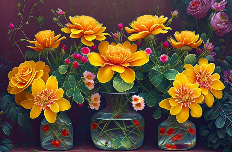 Colorful still-life painting: Yellow flowers in glass vases on dark background