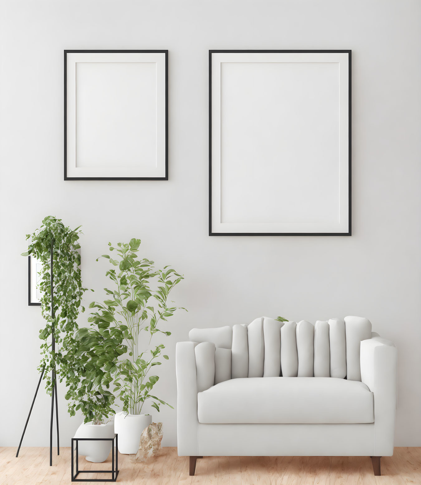 White Couch, Blank Frames, Green Plant in Minimalist Living Room