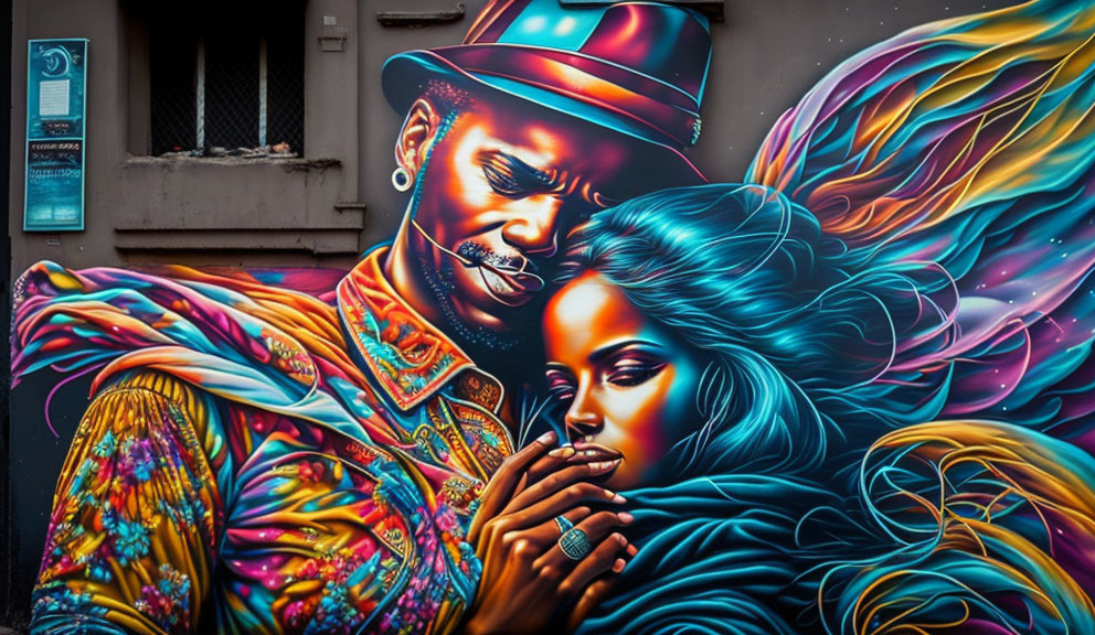 Colorful street mural featuring man in hat & woman with flowing hair in patterned clothing sharing intimate moment