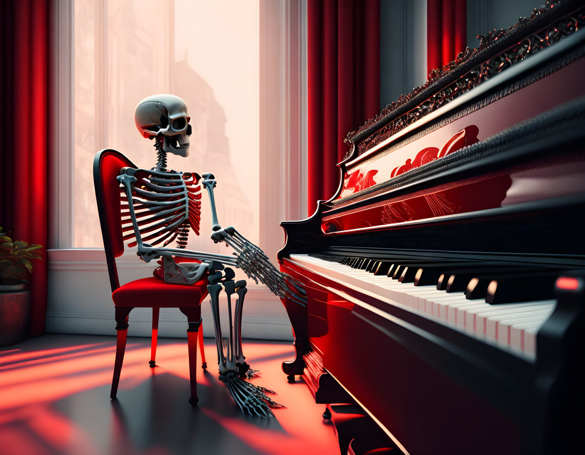 Skeleton at grand piano in sunlight by red curtains