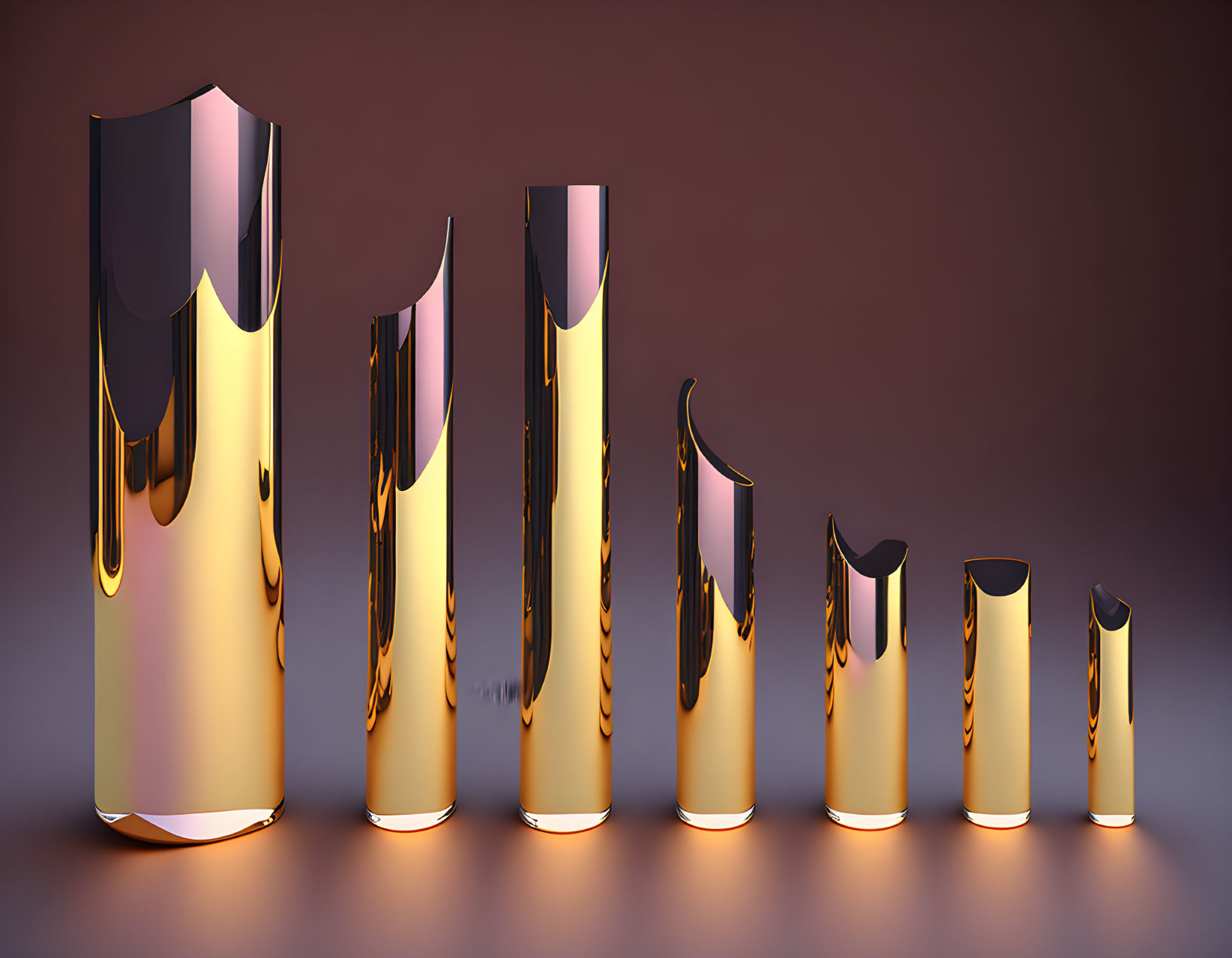 Melting gold cylinders on brown background, depicting liquid metal transformation