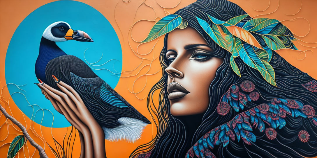 Woman with Decorative Leaves in Hair Gazing at Puffin on Hand against Orange and Blue Background