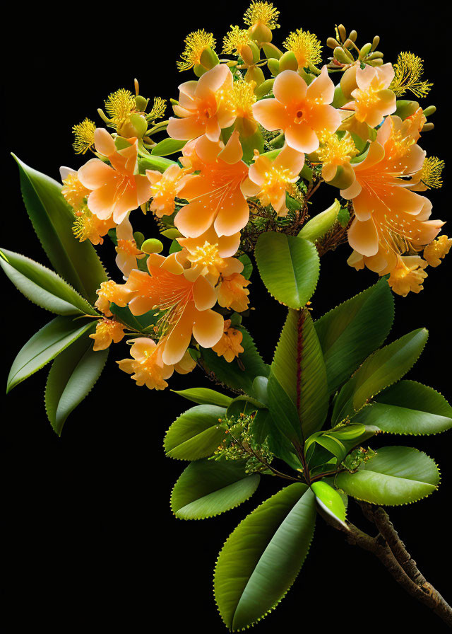 Vibrant Orange-Yellow Flowers with Prominent Stamens on Black Background