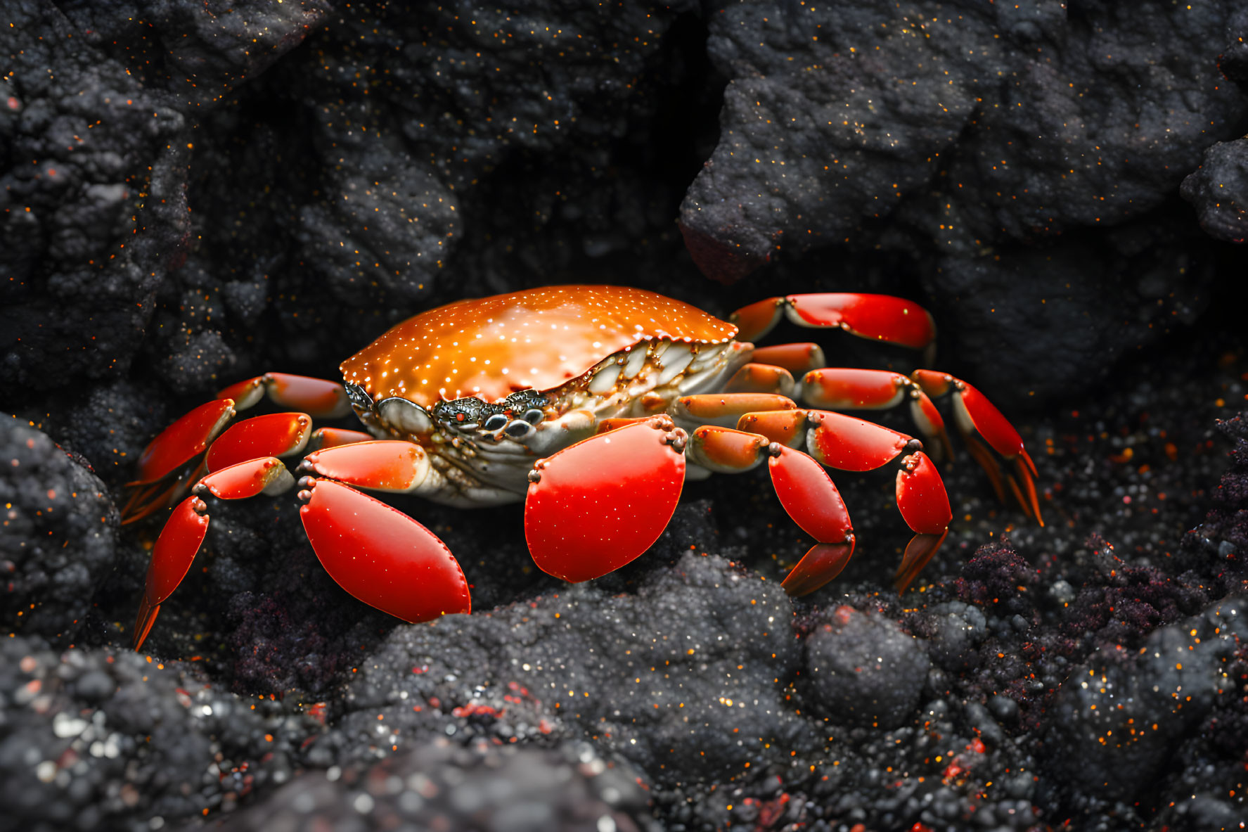 Spotted red crab on dark volcanic rocks with sand particles