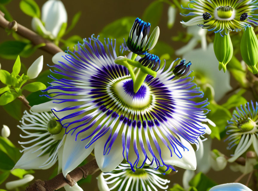 Colorful passion flowers with white petals and blue-purple filaments on green background.