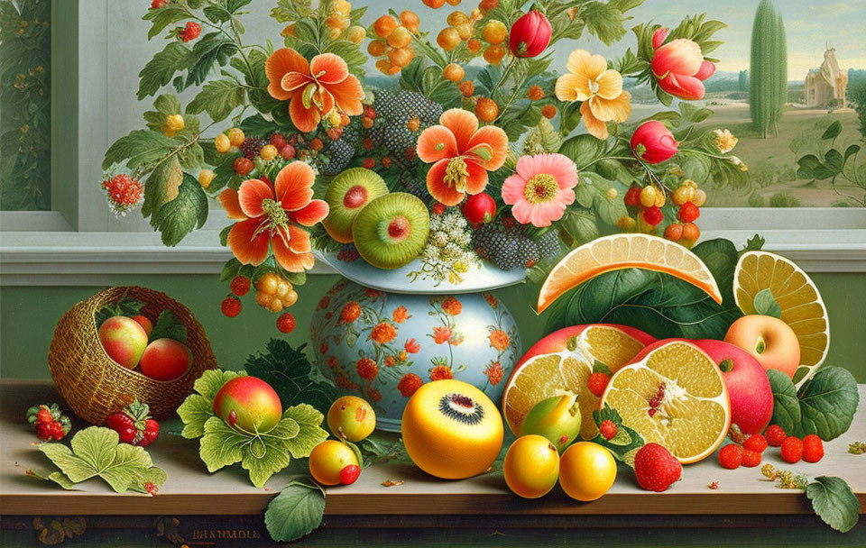 Colorful still life painting with fruits, flowers, and rural landscape