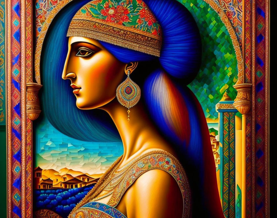 Colorful artwork: Woman with blue hair and ornate headpiece in mosaic setting