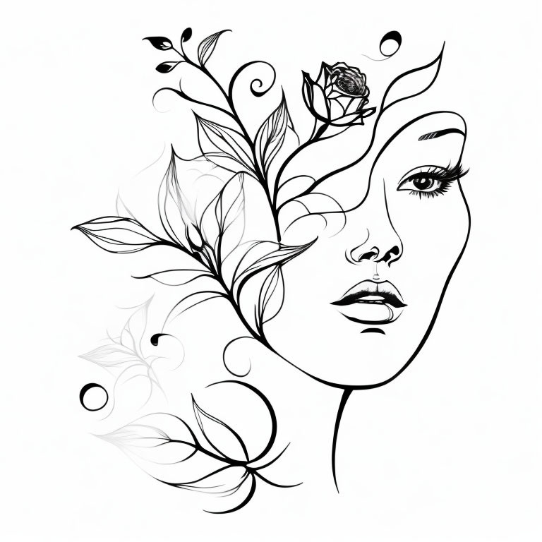 Monochrome woman's face with floral hair elements