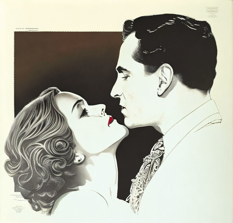 Monochrome Illustration of Man and Woman in Romantic Pose