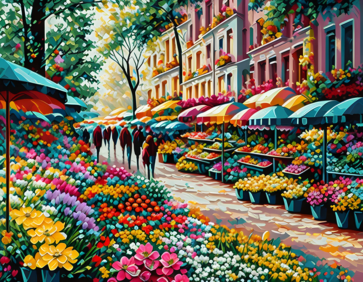 Colorful Flower Stalls and Pedestrians in Vibrant Street Scene