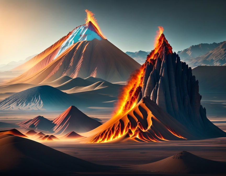 Digital landscape: Volcano eruption with lava flows in desert setting