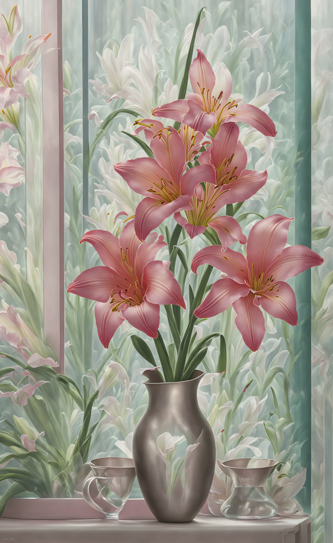 Pink lilies bouquet in brown vase with white flowers and green foliage by window