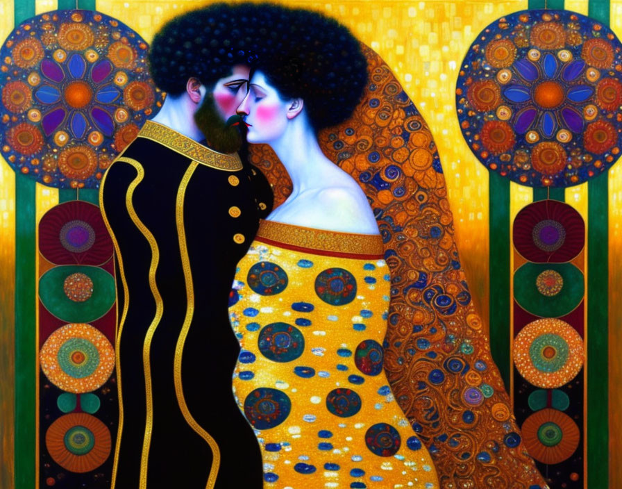 Couple embracing in stylized art with rich patterns and vibrant background