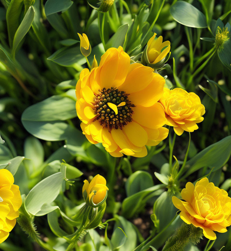 Bright Yellow Flower with Multiple Petals and Lush Green Foliage