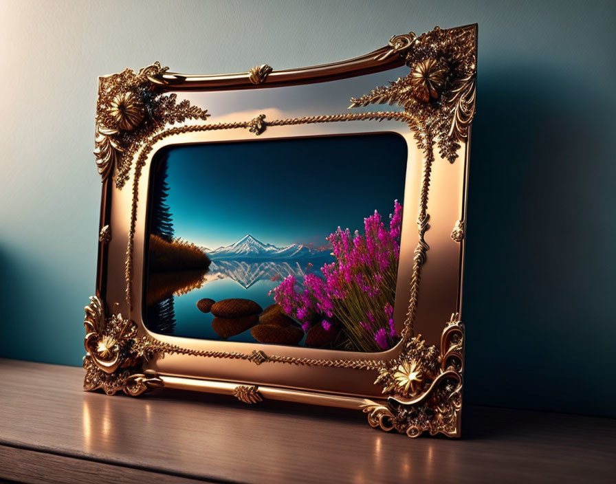 Golden Picture Frame with Tranquil Landscape & Pink Flowers