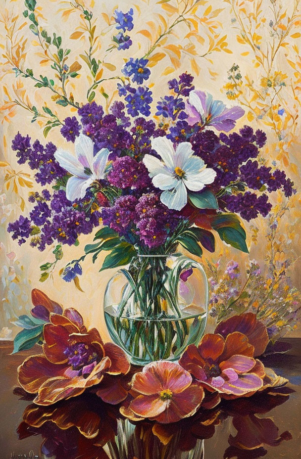 Colorful bouquet painting with purple and white flowers on reflective surface