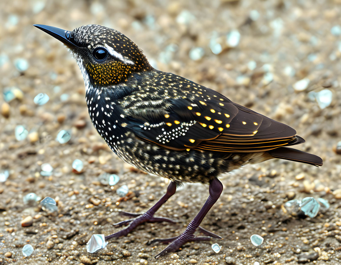 Speckled Starling with Iridescent Plumage and Gems