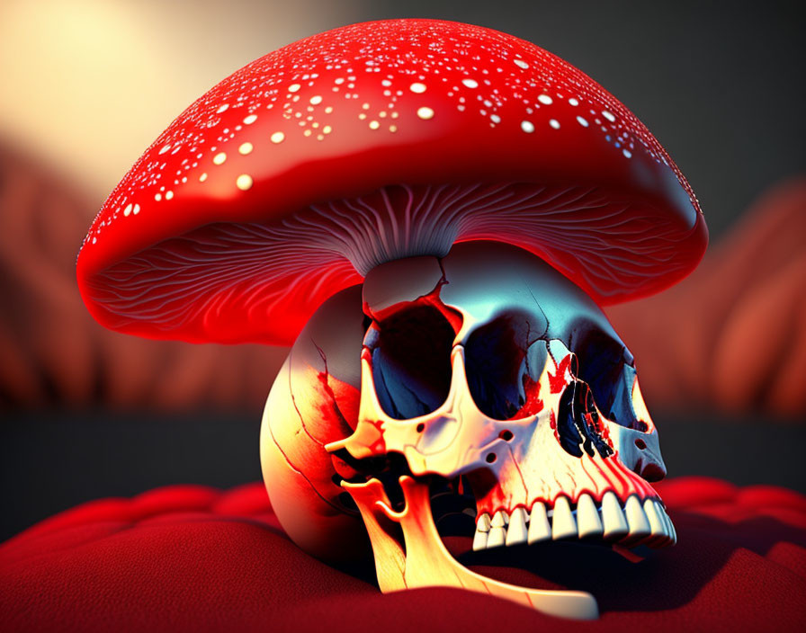 Colorful Skull and Mushroom Illustration on Dark Background