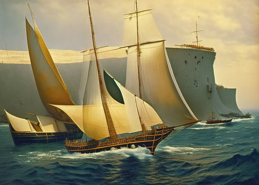 Historical sailing ships with billowing sails on calm sea